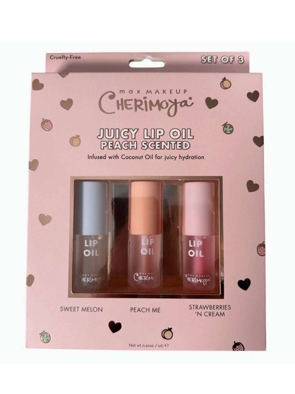 Max Makeup Cherimoya Set of 3 Lip Oils Sweet Melon Peach Me Strawberries N Cream